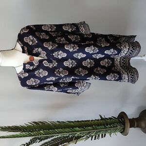 Misia navy blue v-neck tunic with cream and rose colored print